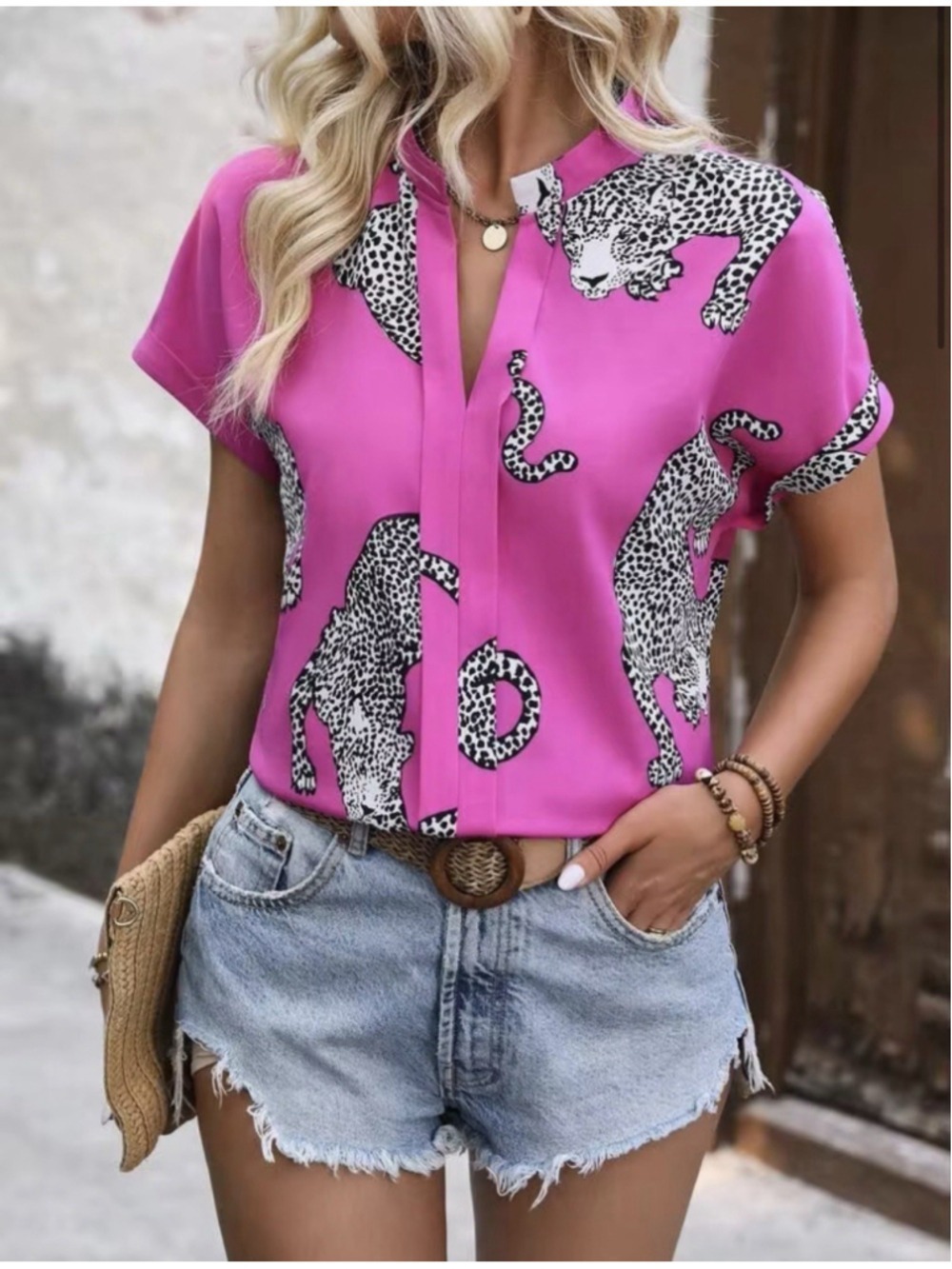 Lune Leopard Print Notched-Neck Blouse Tunic Top 3XL Plus Animal Print Preppy